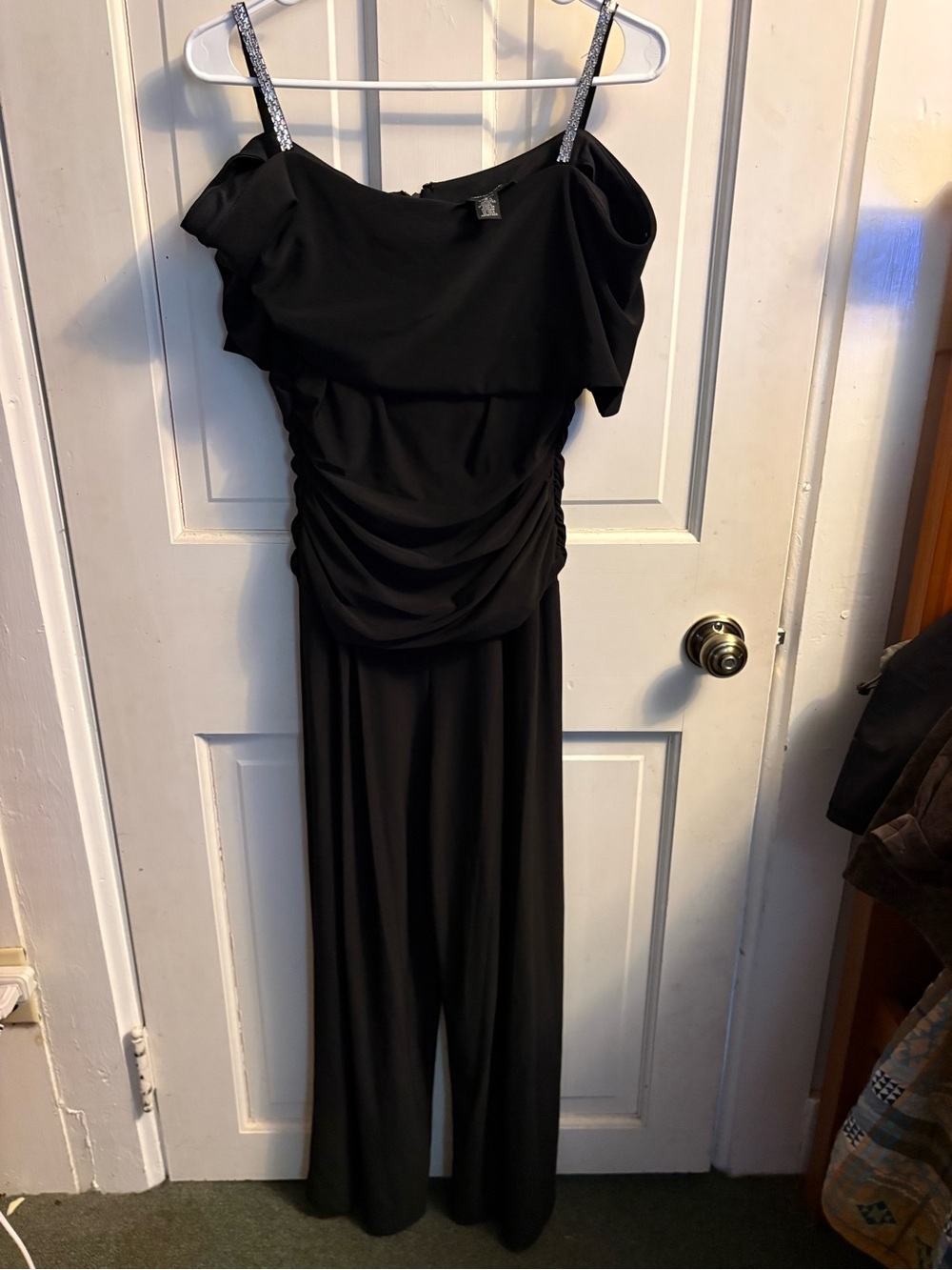 R&M Richards Black Off-Shoulder Jumpsuit with Sparkle Straps